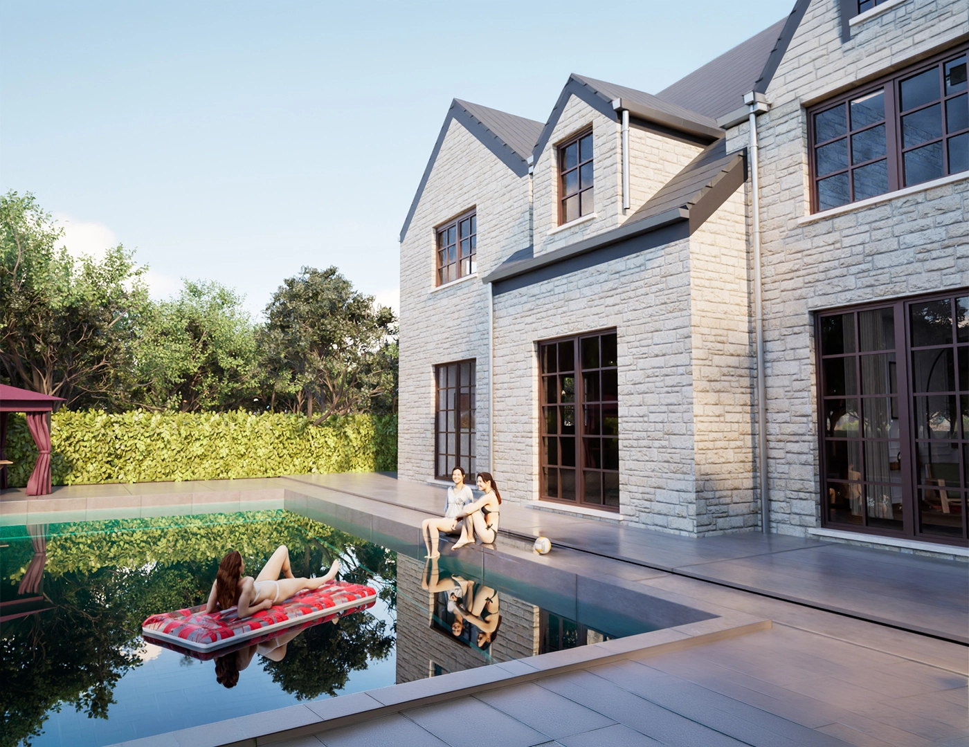 Rendu 3D architectural d'une villa avec piscine